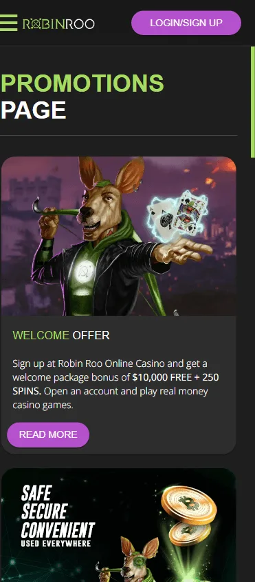 Robin Roo Casino mobile promotions area with bonus offers