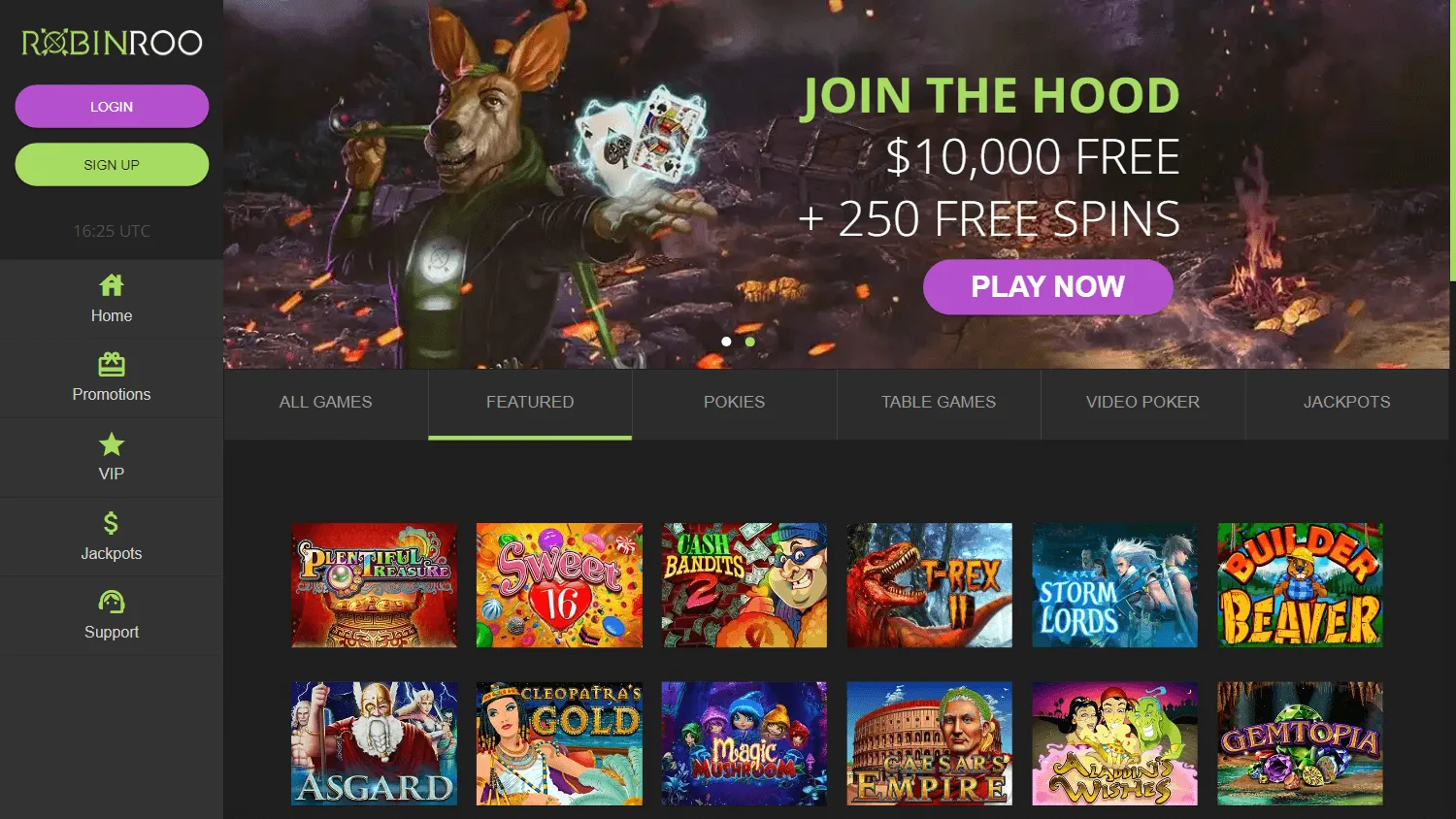 Robin Roo Casino desktop games lobby with casino titles and categories