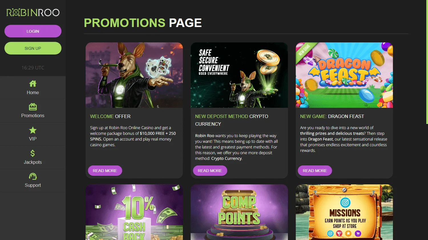 Robin Roo Casino desktop promotions area with available bonus offers