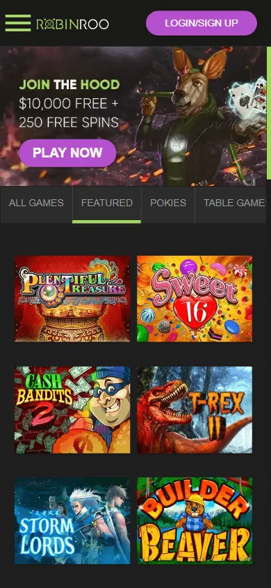 Robin Roo Casino mobile browser interface with casino and account options